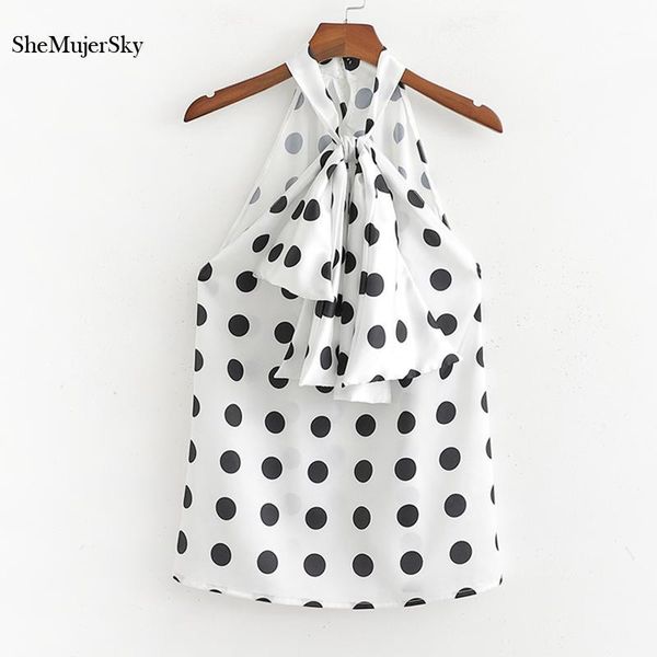 

shemujersky women satin sleeveless blouse polka dot bow tie ladies and blouses 20191, White
