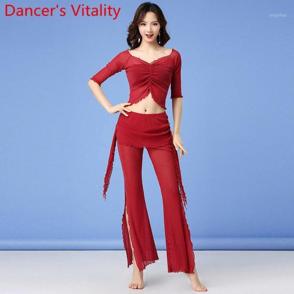 

winter women belly dance practice clothes half sleeve split pants oriental dancing beginners stage training outfits1, Black;red