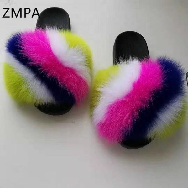 

children's/women summer fluffy slippers woman's/kids real fur slides beach furry sandals cute plush flip flops foot 19-27cm, Black