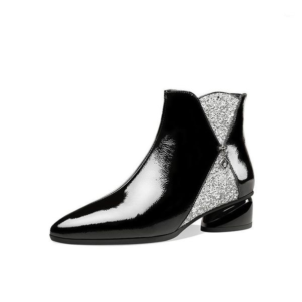 

boots 2021 sweet bling patent leather ladies for women winter ankle wedding party shoes woman siz 40 41 421, Black