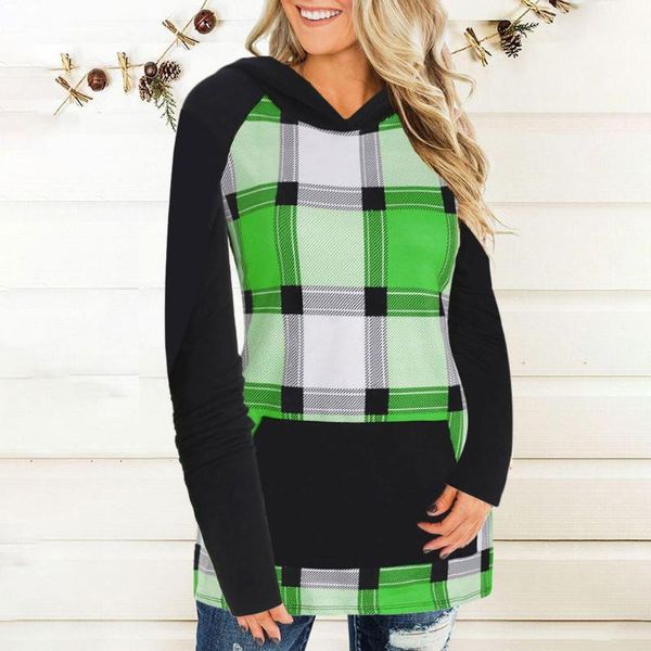 

autumn women fashion plaid stitching sweatshirt shirts casual long sleeve tee shirts hooded sweatshirt sweat femme capuche @451, Black