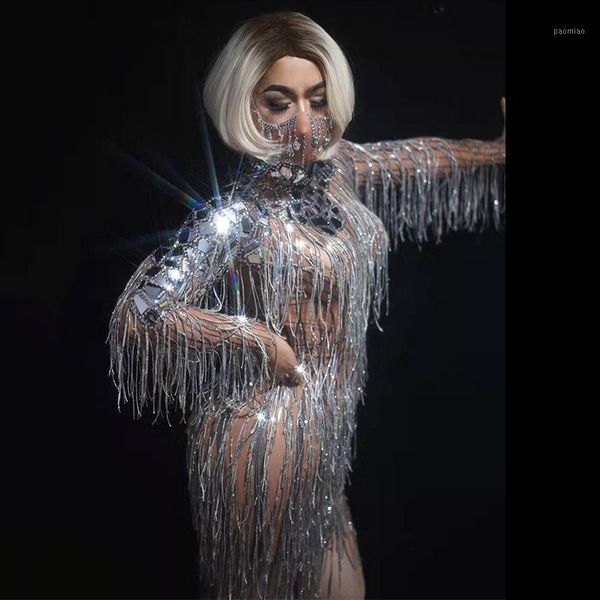 

silver sequins tassel short dress women evening party fringes rhinestones birthday celebrate dresses singer stage costume dn60721, Black;red