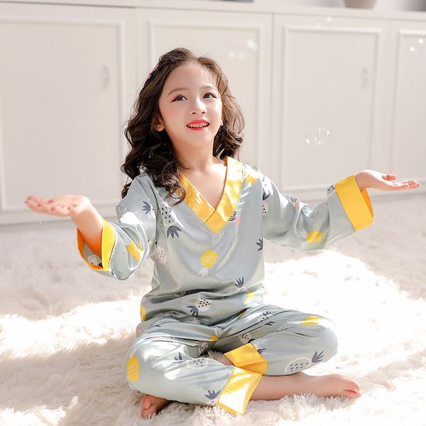 

spring summer soft girls 2020 new girls home clothes long sleeve silk 2 pcs suit children's ice silk pajamas girls pyjamas c1019, Blue;red