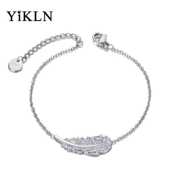 

yikln white clay cz crystal feather charm bracelets for women rose gold stainless steel link & chain bracelet jewelry yb20016, Golden;silver