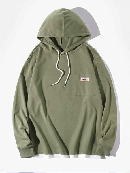 

men letter patched pocket front drawstring hoodie c339#, Black