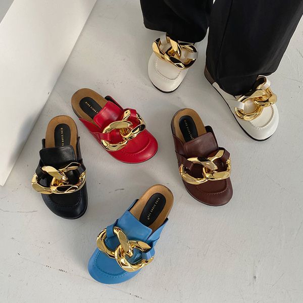 

design new brand gold chain women slipper closed toe slip on mules shoes round ladies low heels casual slides flip flop 2021, Black