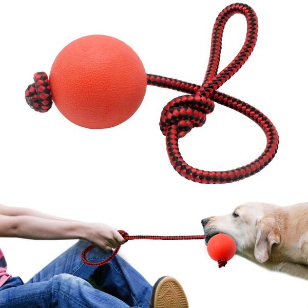 

dog toys & chews solid rubber chew pet ball tug toy tooth cleaning chewing puppy for play training with rope handle