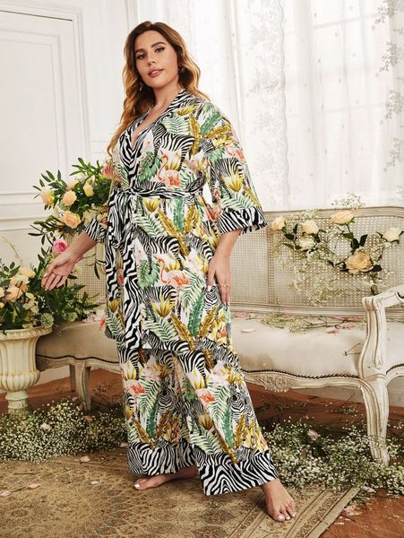 

plus zebra striped & flamingo print pajama set 65er#, Black;white