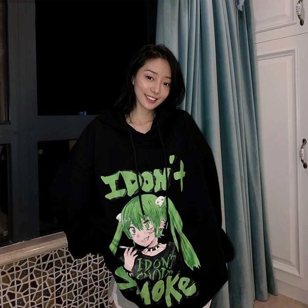 

high street cartoon sleeve autumn loose kawaii hoodies japan ladies casual spring printed funny cute women female style long krwrw, Black