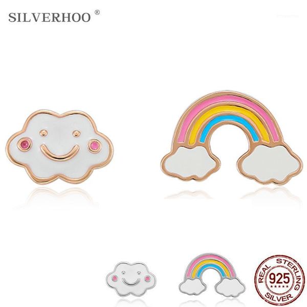 

silverhoo rainbow stud earrings 925 sterling silver cartoon star moon asymmetric earrings girl party cute ramantic fine jewelry1, Golden;silver
