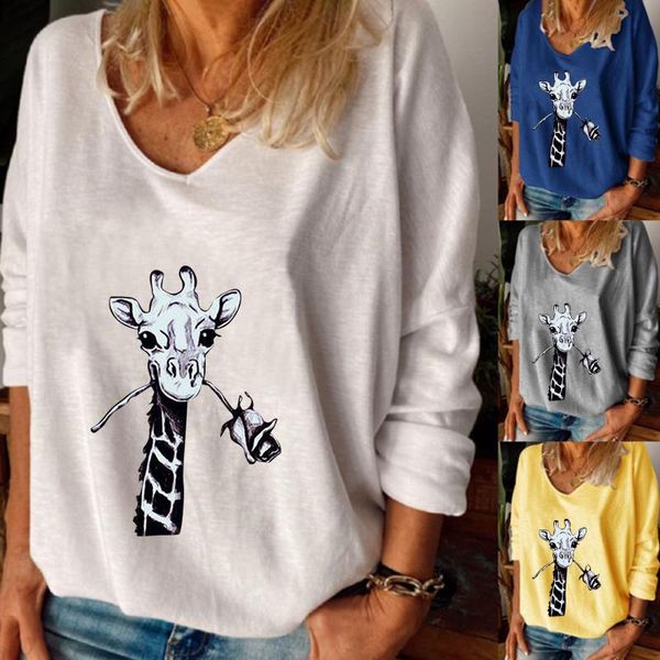 

fashion giraffe funny print blouse shirt loose v-neck tee casual winter ladies female women long sleeve blusas pullover, White