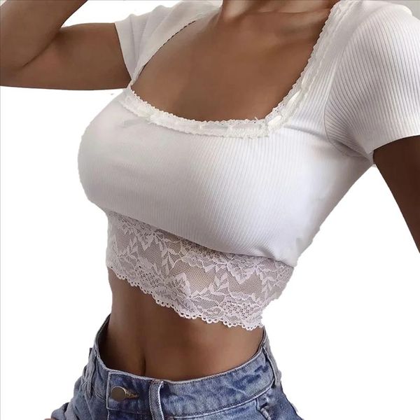 

fashion women square neck knitwear short sleeve solid color lace mesh hem sheer tank umbilical exposure clothes, White