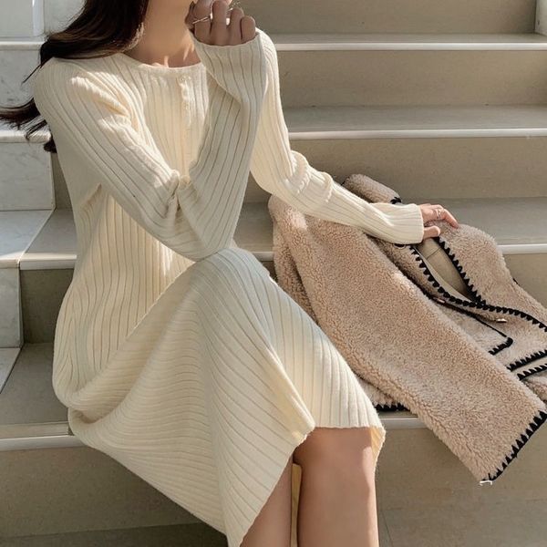 

2021 new elegant sweater women midi long sleeve slim party knitted o-neck one-piece dress korean female autumn winter 861z, Black;gray