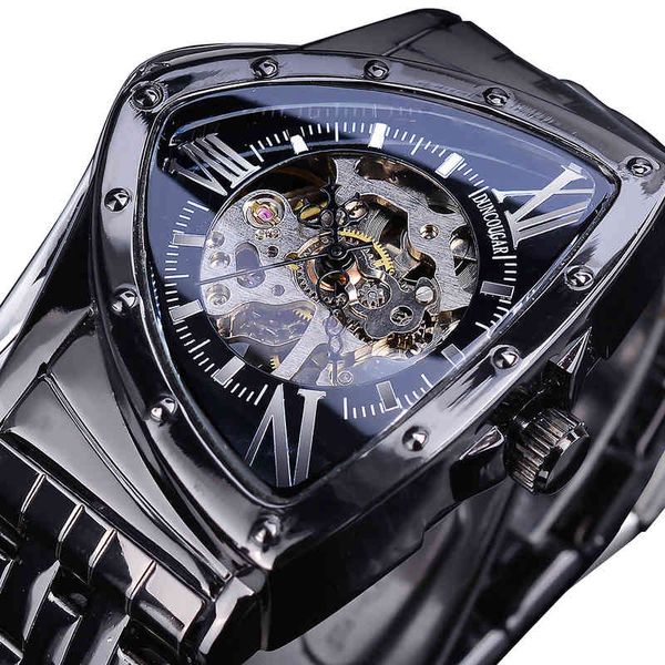 

duncougar triangle skeleton black automatic watch stainless steel men business sport irregular mechanical wristwatch, Slivery;brown