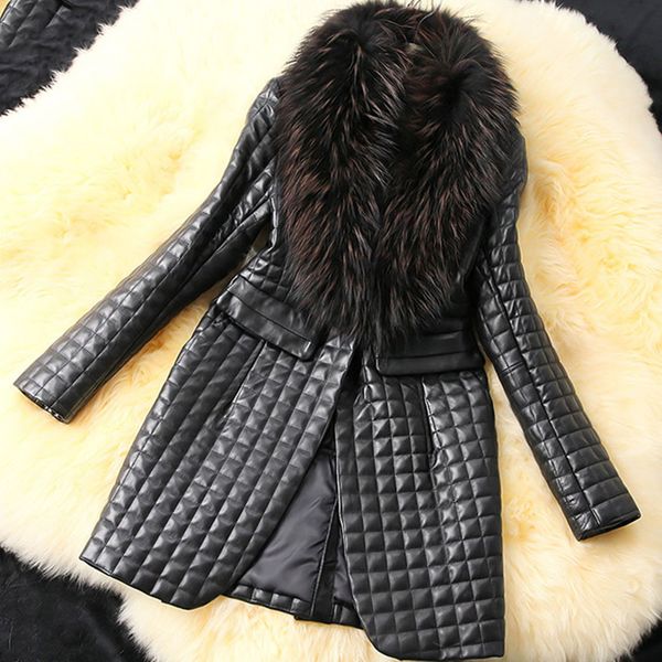 

2020 winter women thick long leather jacket plus size with fur collar slim solid office ladies coat outwear chaqueta mujer cuero lj201202, Black
