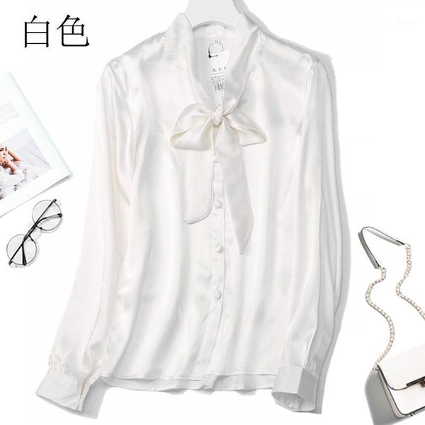 

women's 100% pure silk satin solid color shirt blouse tie bow neck buttons office work  l jn0521, White