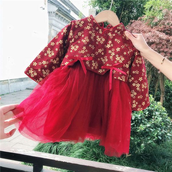 

new year's baby's clothing autumn and hanfu winter princs skirt girl's baby drs, Red;yellow