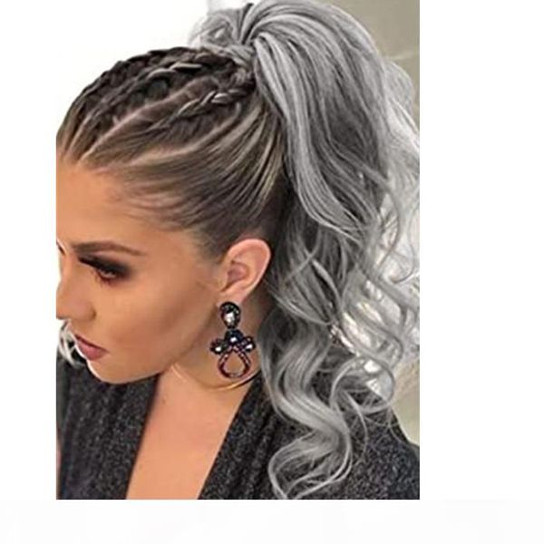 

grey wavy wrap around clip in drawstring ponytail extensions salt and pepper real hair body wave pony tails hairpieces for women, Black