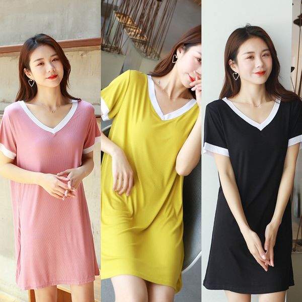 

new summer 2020 modal threaded v-neck short sleeve women's loose large size contrast color night home home clothes dress dress 2rxrn, Black;gray