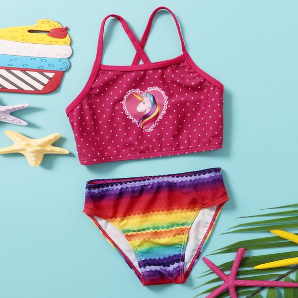 

new children's split bikini girls' cartoon triangle swimsuit with straight hair, White;black