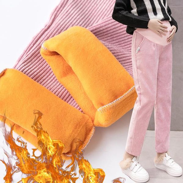 

3278# winter thick warm corduroy maternity pants belly casual pants clothes for pregnant women plus velvet pregnancy trousers, White