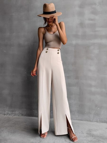 

fake button split hem wide leg pants v4ti#, Black;white