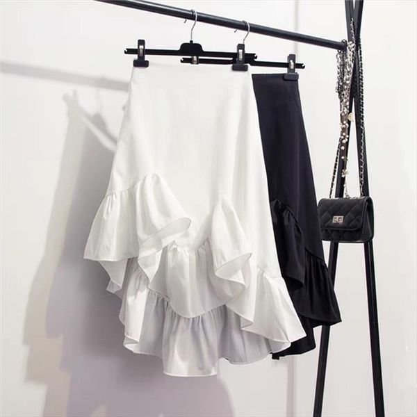 

2020 summer autumn vintage irregular ruffles high waist skirts womens white black korean style asymmetrical skirt