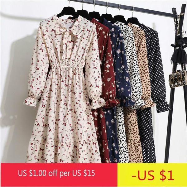 

vintage floral print dress spring autumn bow slim fit a line casual women elegant dress korean lady midi party chiffon dresses1, Black;gray
