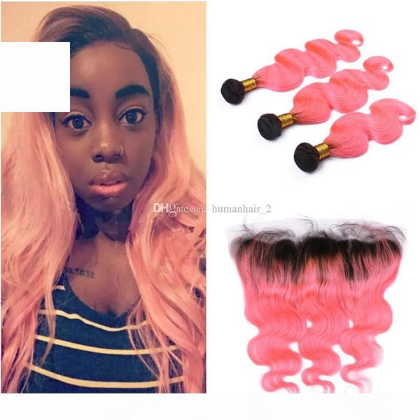 

brazilian virgin pink ombre human hair bundles 3pcs with frontal 4pcs lot body wave two tone 1b pink ombre hair extensions with frontal, Black;brown