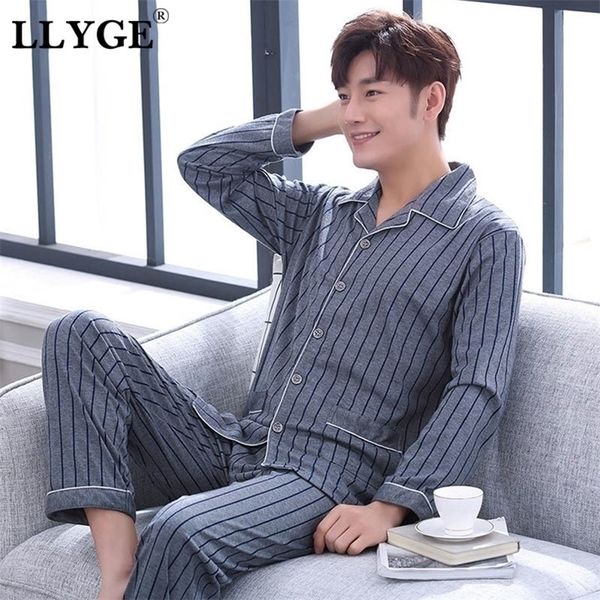 

striped cotton men's long sleeve pyjamas set spring turn down blue male nightwear pants pajama sets korean sleepwear suits 201111, Black;brown