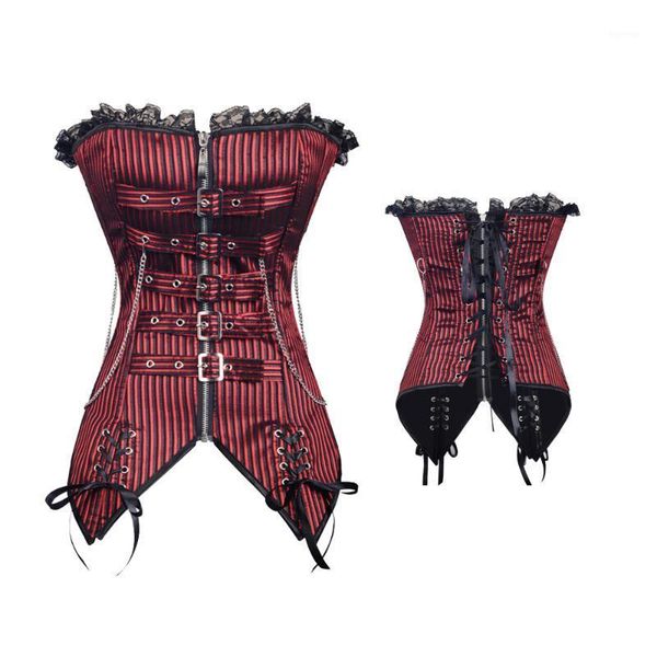 

steampunk corset gothic women clothes steel boned buckled bustier striped overbust lace up lingerie shapewear ruffled red1, Black;white