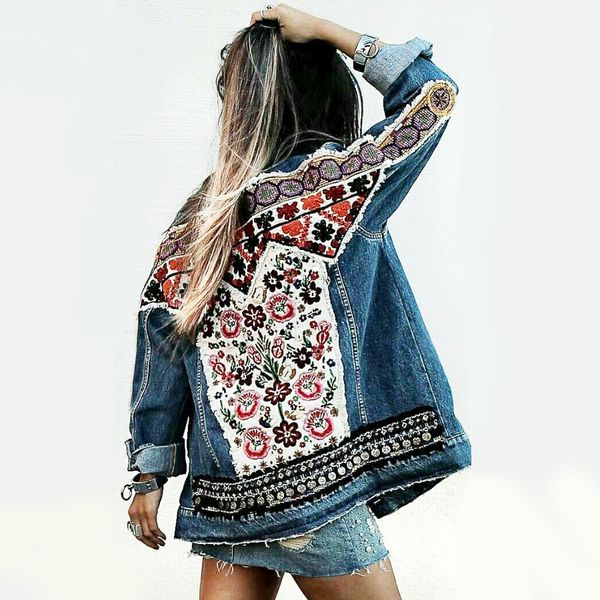 

yamdi denim jacket women autumn vintage floral appliques embroidery boho jacket long sleeve outerwear coat female jackets 201023, Black;brown