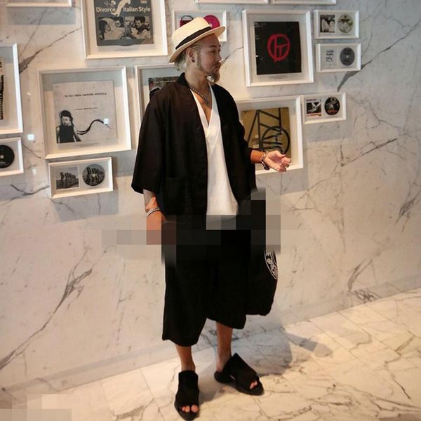 

men's new solid color cotton trend 7 / 3 sleeve cardigan coat loose japanese kimono summer youth versatile, White;black