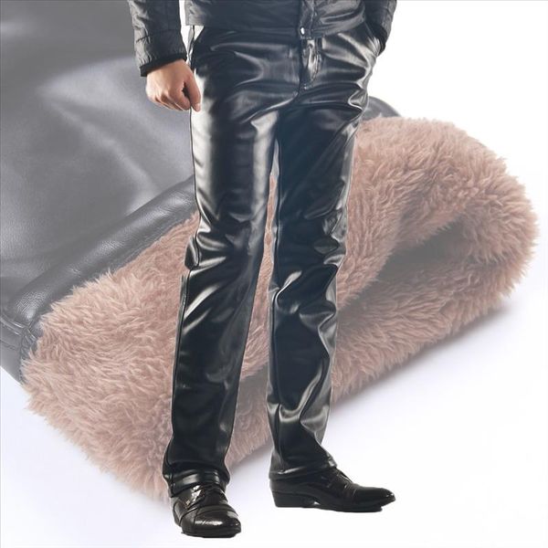 

brand men winter pu leather pants thick fleece heavyweight male thermal amp; warm trousers motorcycle windproof waterproof, Black