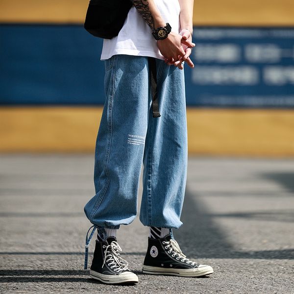 

style overalls jeans casual jeansman with self-made fashion brand overalls loose men's straight casual pants hip hop closed leg jeans w, Blue