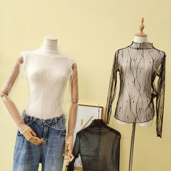 

see through mesh women fishnet transparent shirt ladies turtleneck white t shirt women tshirt black femme