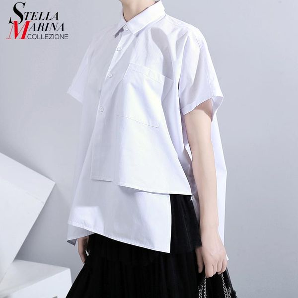 

new women 2020 big size summer wear solid white blouses & pocket irregular hem ladies stylish feminine shirt chemise femme 6283
