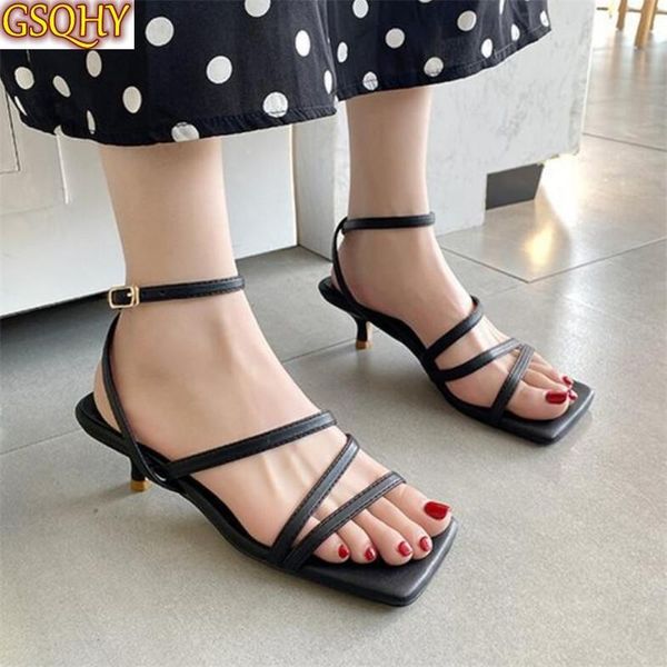 

2021 womens leather sandals ladies thin heels summer shoes woman high heels open toe lady ankle strap female fashion shoes, Black