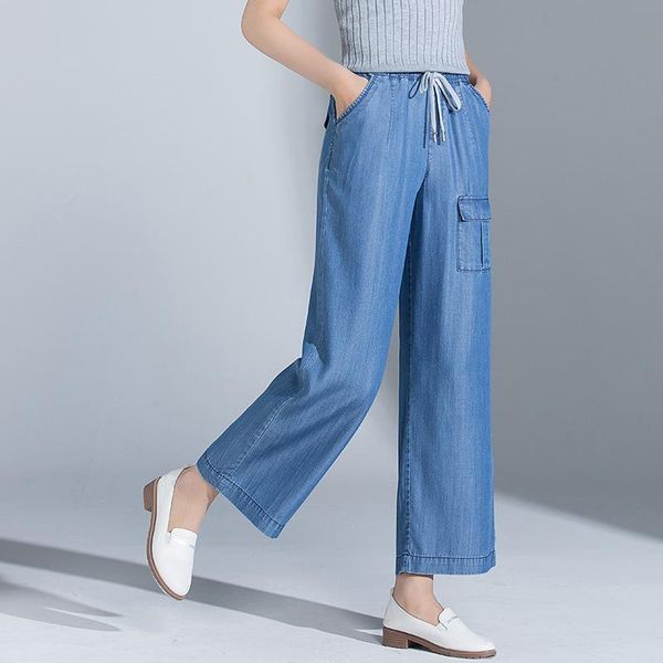 

2020 high waist tencel denim nine points wide leg pants female cool ice silk wide leg casual pants19125, Blue