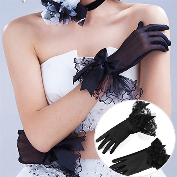 

women lace mesh ladies white wrist gloves large bow knot marriage glove party cosplay accessories, Blue;gray