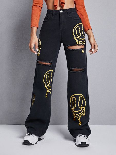 

graphic print ripped wide leg jeans 82zy#, Blue