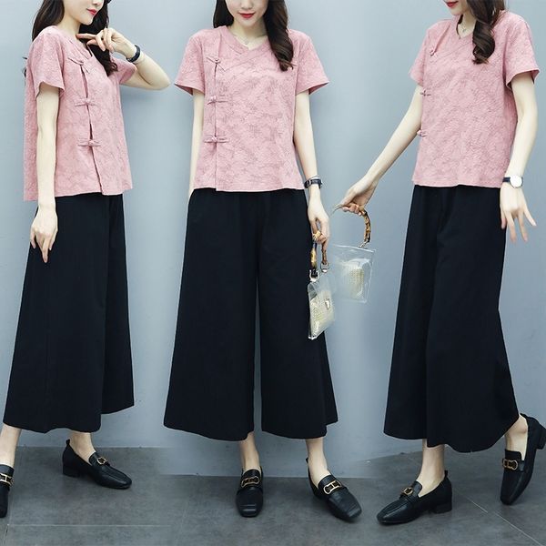 

2kybd cotton leg points clothes pants wide and pantslinen jacquard zen chinese style literaryshort sleeve 8 yoga wide leg pants two-piece, Gray