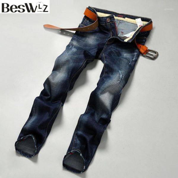 

beswlz men denim jeans straight slim male scratched jeans pants casual business style men blue ripped homme 95031
