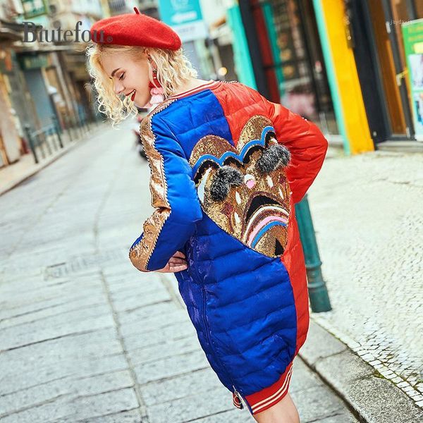 

2020 winter raccoon fur diamond long coats fashion embroidery sequins patch designs women down jackets1, Black