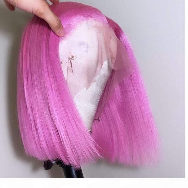 

13x6 150% lace front human hair wig 613 blonde short bob cut wigs for black women blue pink purple brazilian pink straight, Black;brown