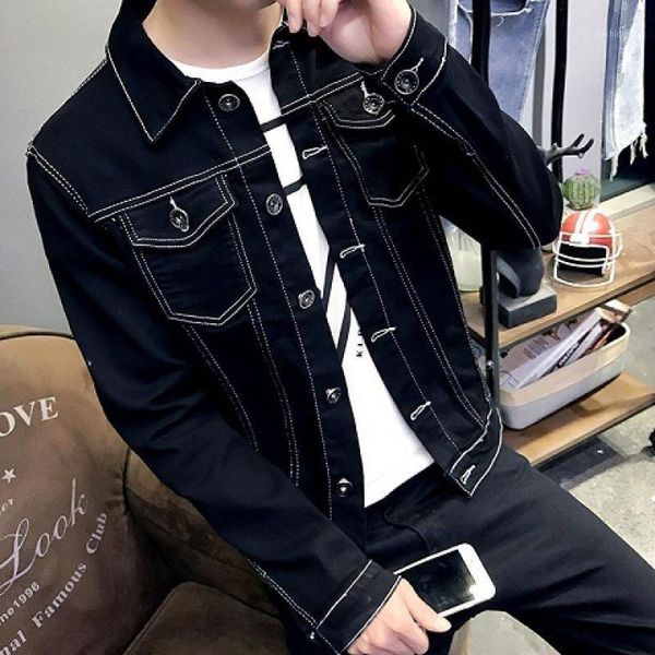 

2020 new men's black denim jacket men's trim denim jacket clip overcomes student england style high street1, Black;brown