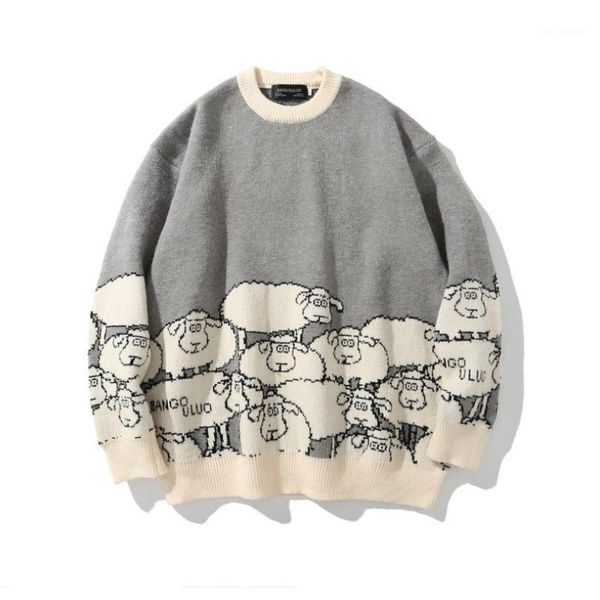 

harajuku sweater knitted cartoons sheep jacquard oversized sweaters men 2020 winter hip hop casual pullovers w14431, White;black