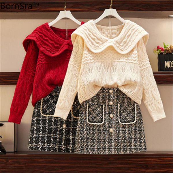 

bornsra студент милый свитер юбка 2 шт набор женщин питер пэн воротник вязать свитер однобортный твидовый скит набор костюм из шерсти, Gray