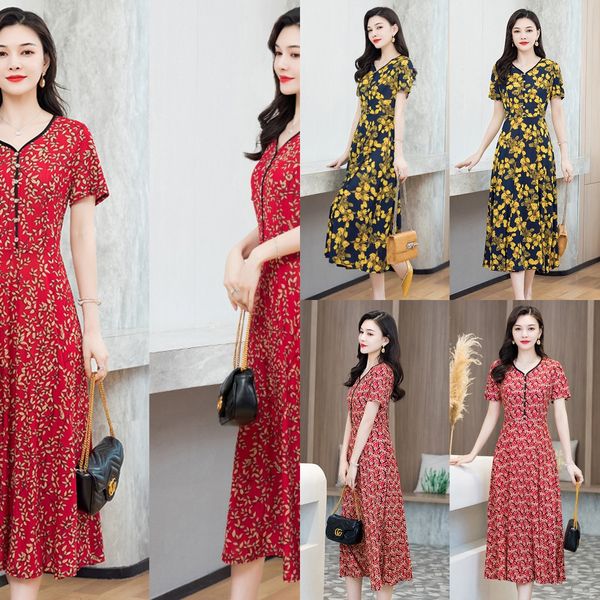 

2020 long long skirt new women's wear large slim elastic floral skirt short sleeve v-neck print medium length dress 8wccq, Black;gray