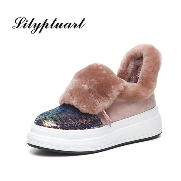 

2020 new european and american style sheep anti-velvet material sequins decorative boots round head muffin soles warm snow boots, Black